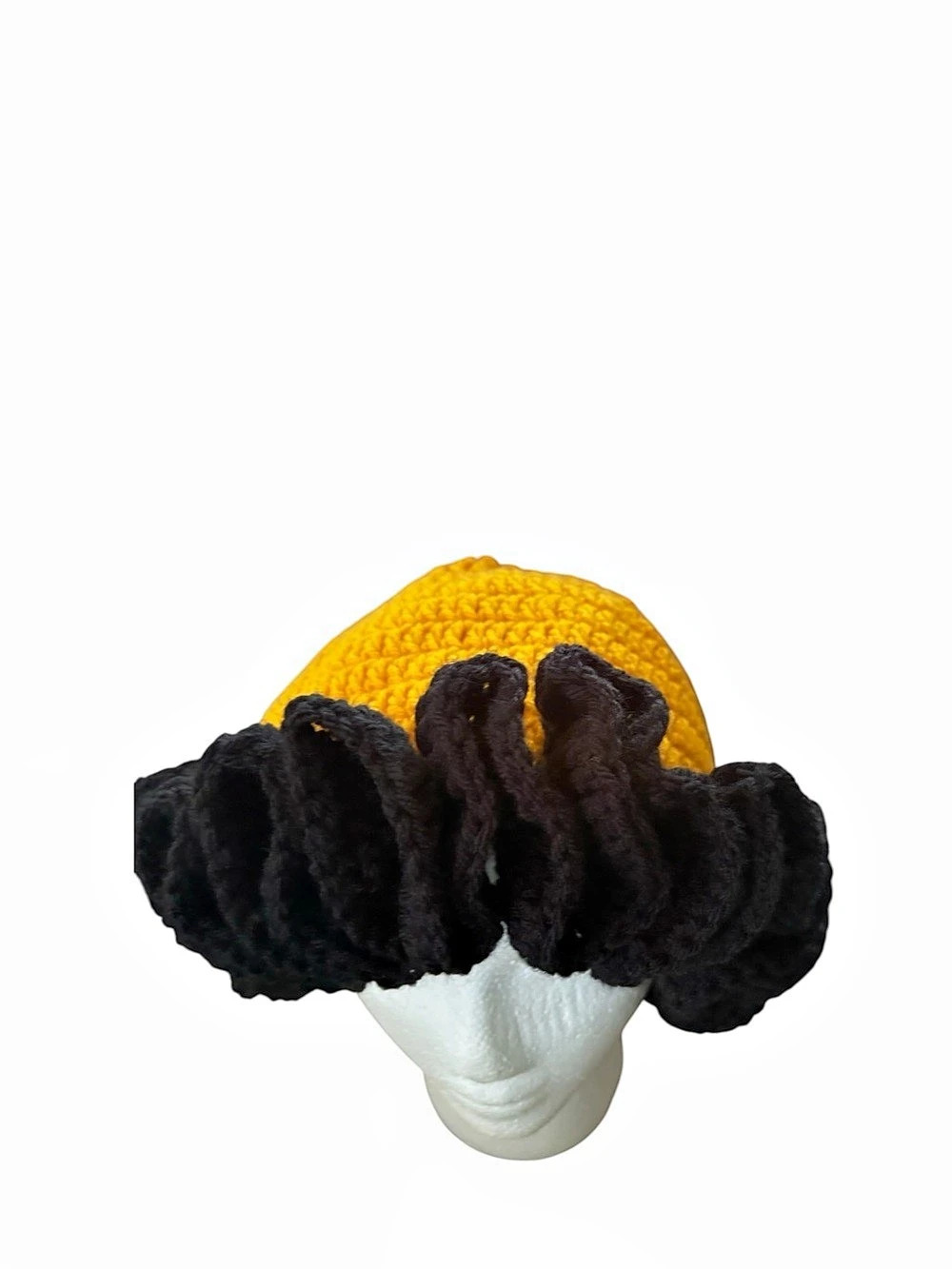 Red Heart Handmade Crochet Ruffle Brim Hat Black & Yellow